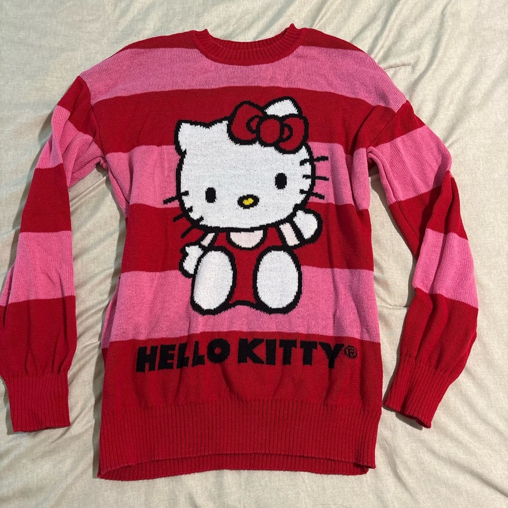 Hello Kitty Women's Striped Red and Pink Sweater XS oversized